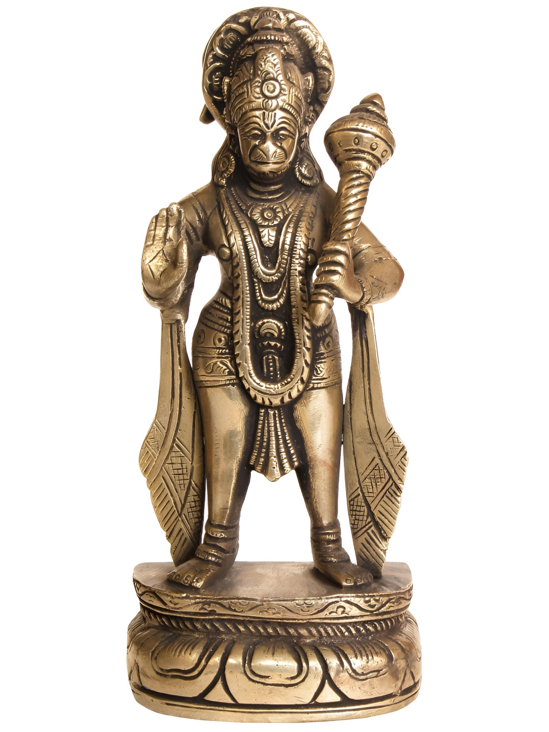 Exotic India Mahaveer Hanuman Gold Brass Metallic Prayer Room Hand Made Medium Showpiece - 8 Inches