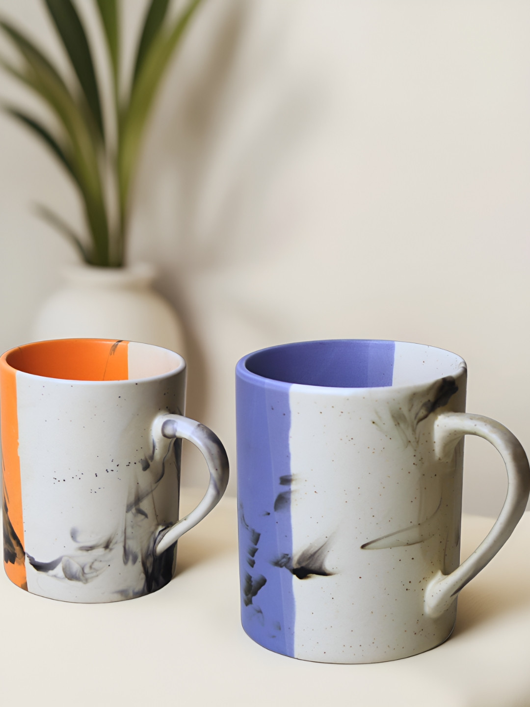 Ekaura White Abstract Ceramic Handmade 2 Piece Mugs-300ml