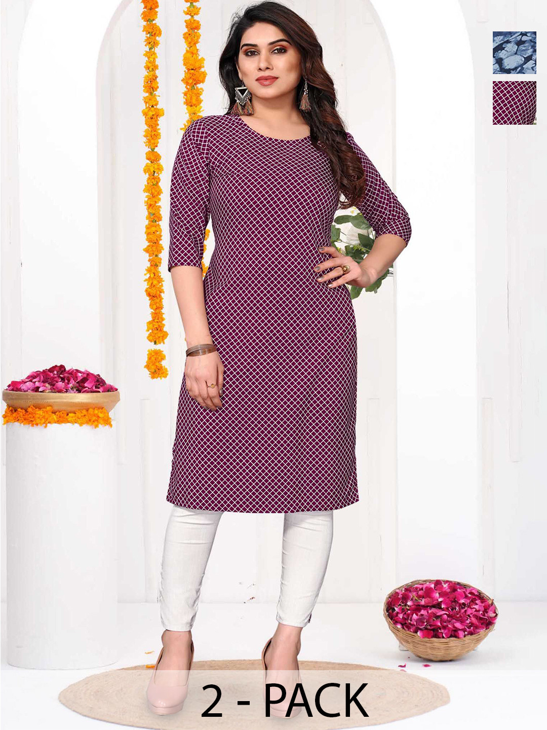 Moda Rapido Selection Of 2 Goemetric Printed Round Neck Straight Kurta