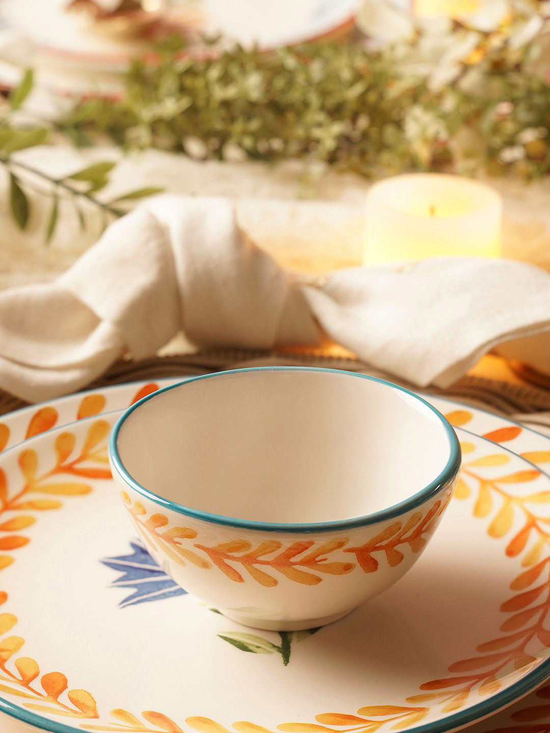Pure Home and Living White & Orange 2 Pieces Ceramic Dishwasher and Microwave Safe Bowl