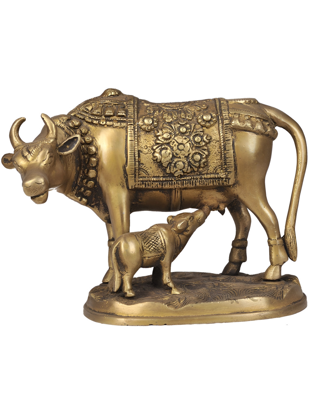 Exotic India Cow and Calf Gold Brass Metallic Home Office Hand Made Small Showpiece - 5 Inches