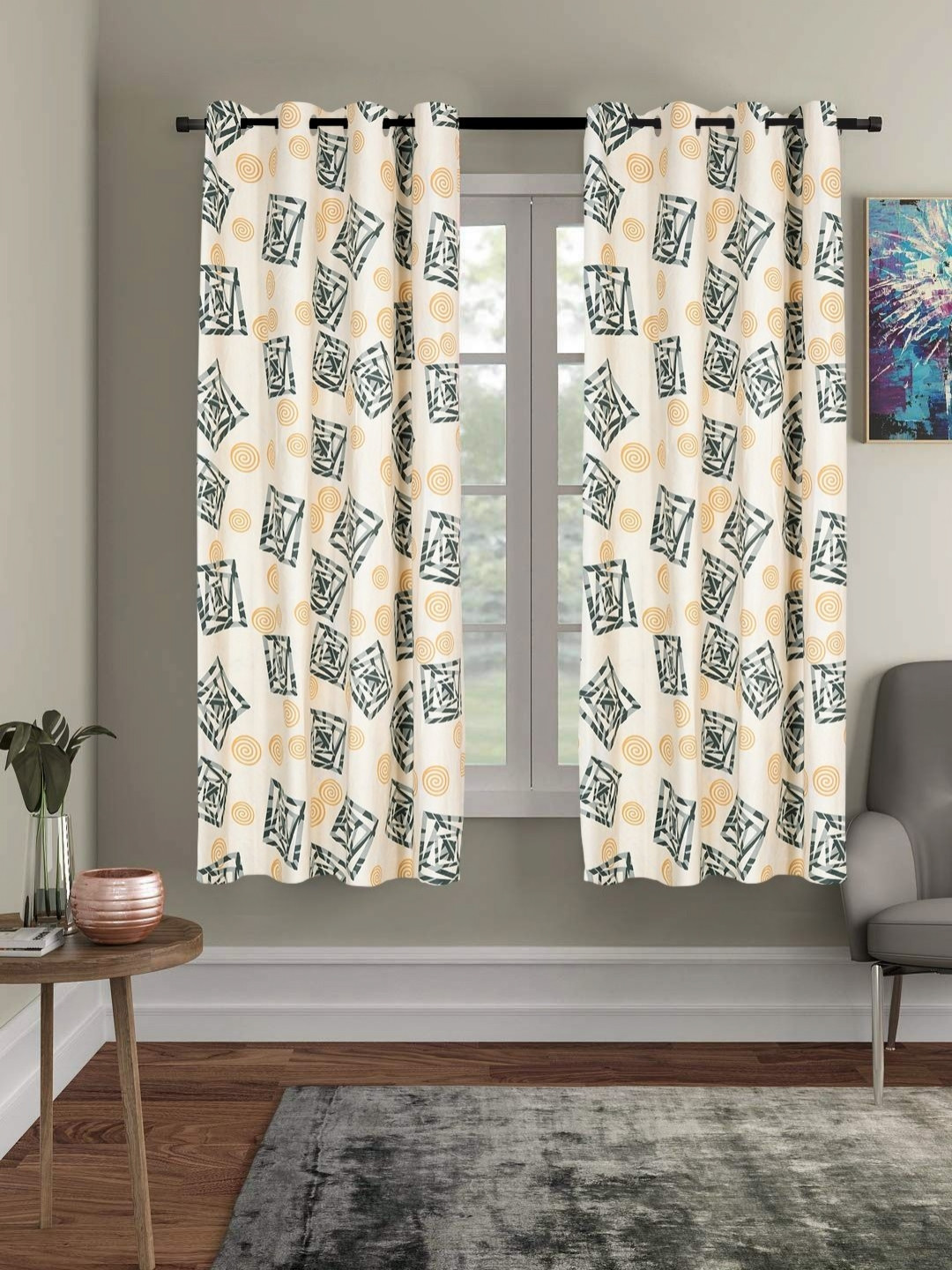 Aura Off White 2 Pieces Geometric Printed Microfiber Cotton Window Curtain