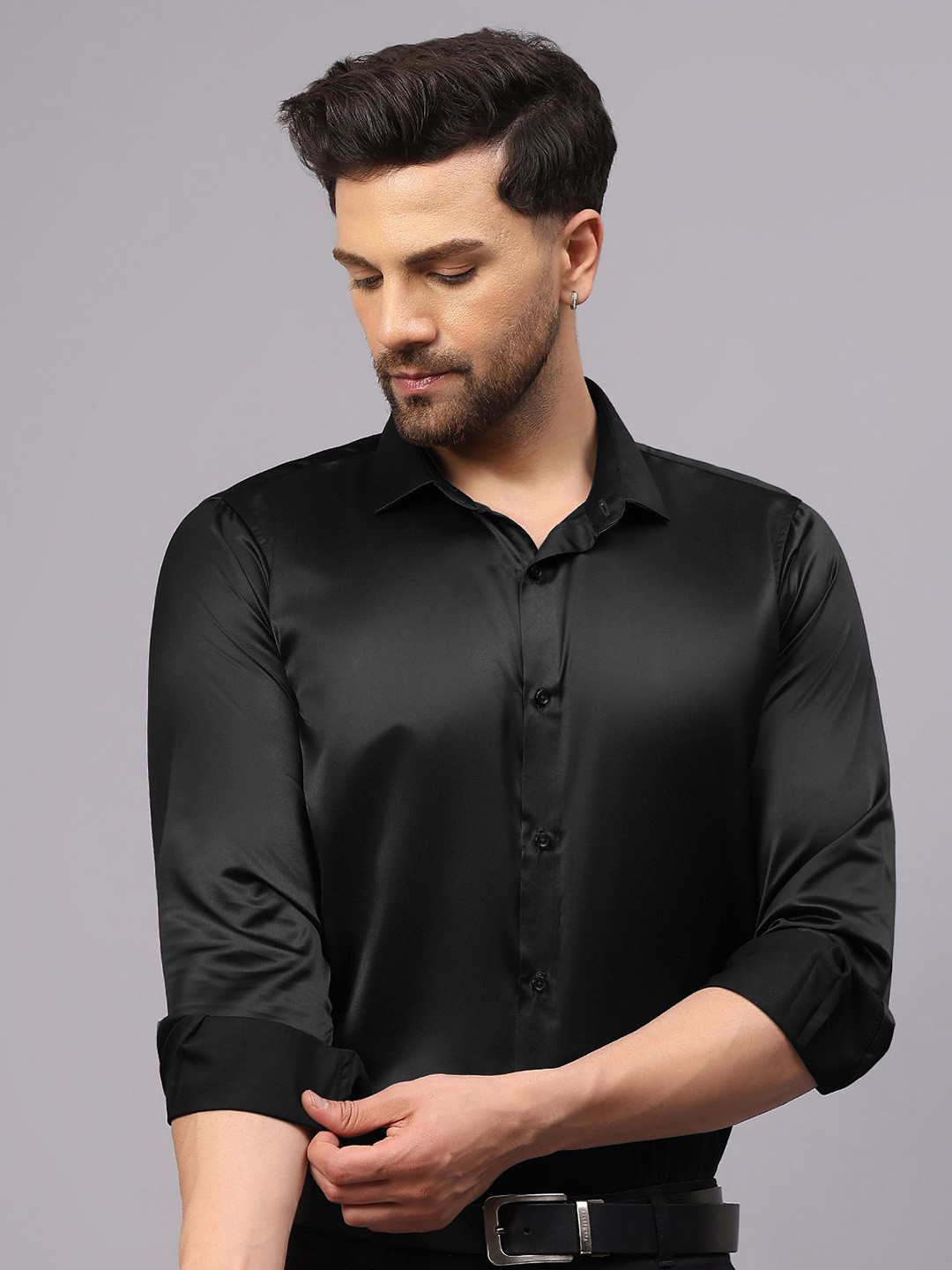 CVC Men Regular Fit Poly Satin Silk Black Shirt