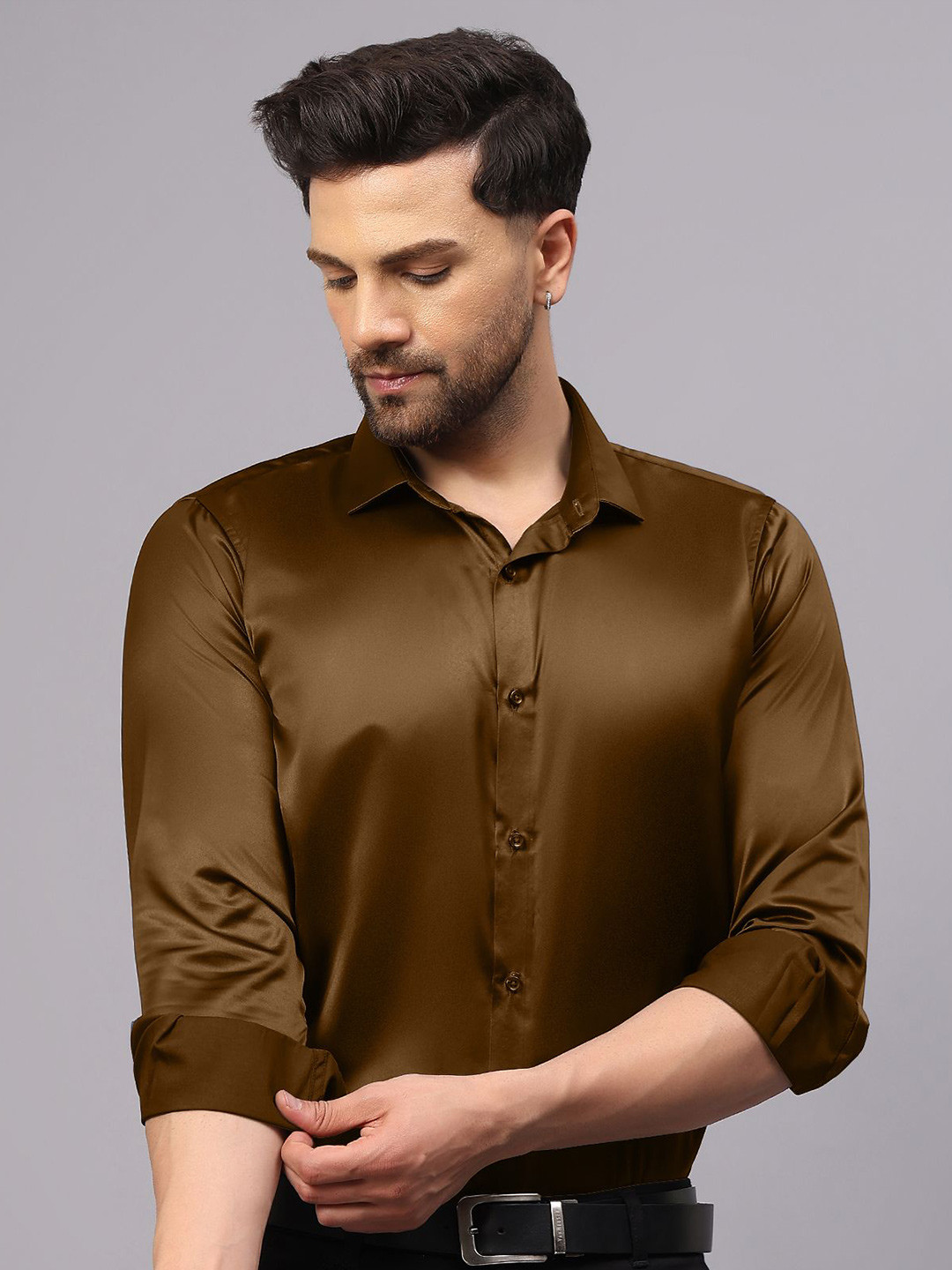 CVC Men Regular Fit Poly Satin Silk Brown Shirt