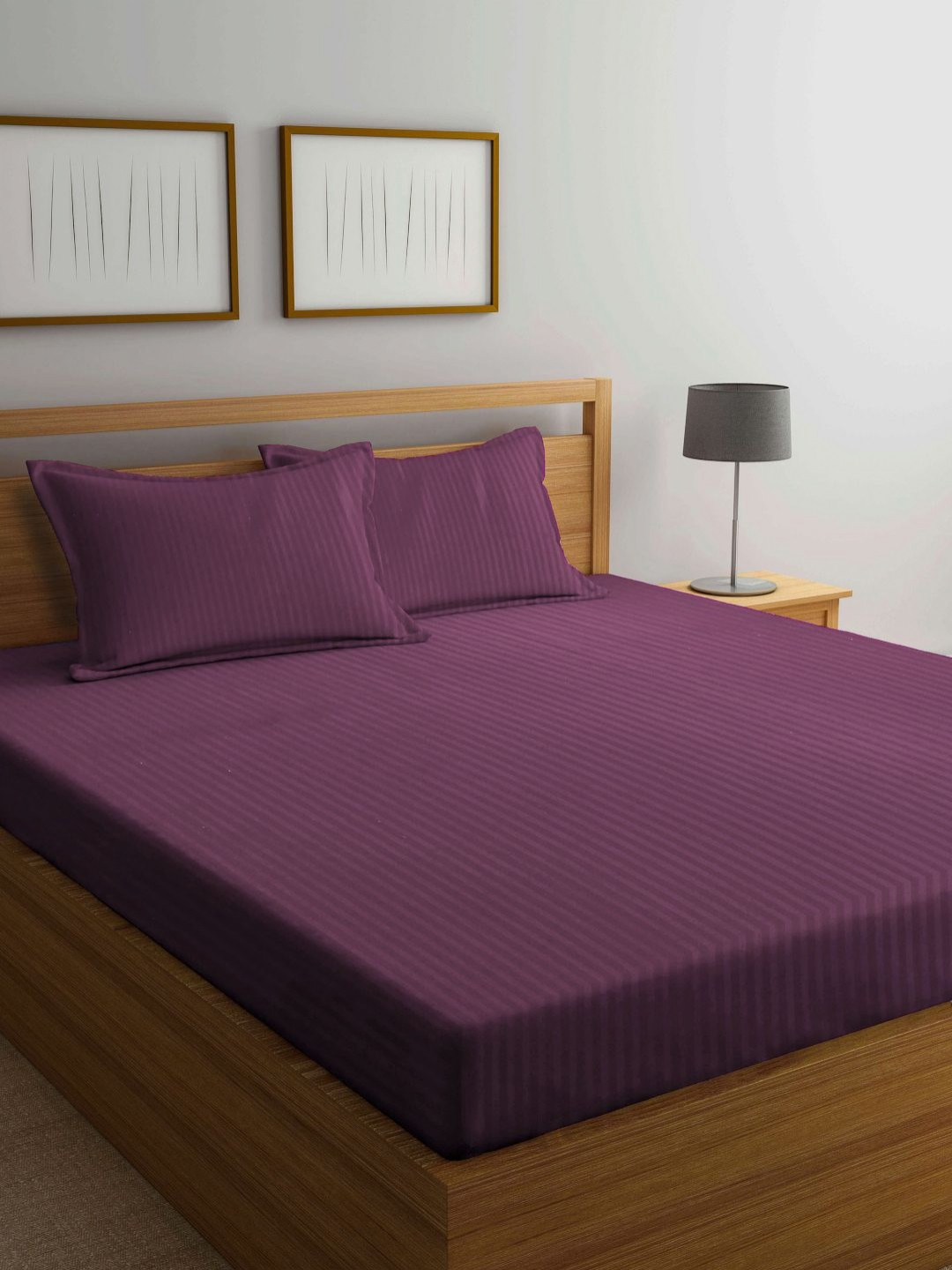 Myntra Elegant Homes Magenta Striped Polycotton 300 TC King Fine Bedsheet with 2 Pillow Covers-98 x 87 inches