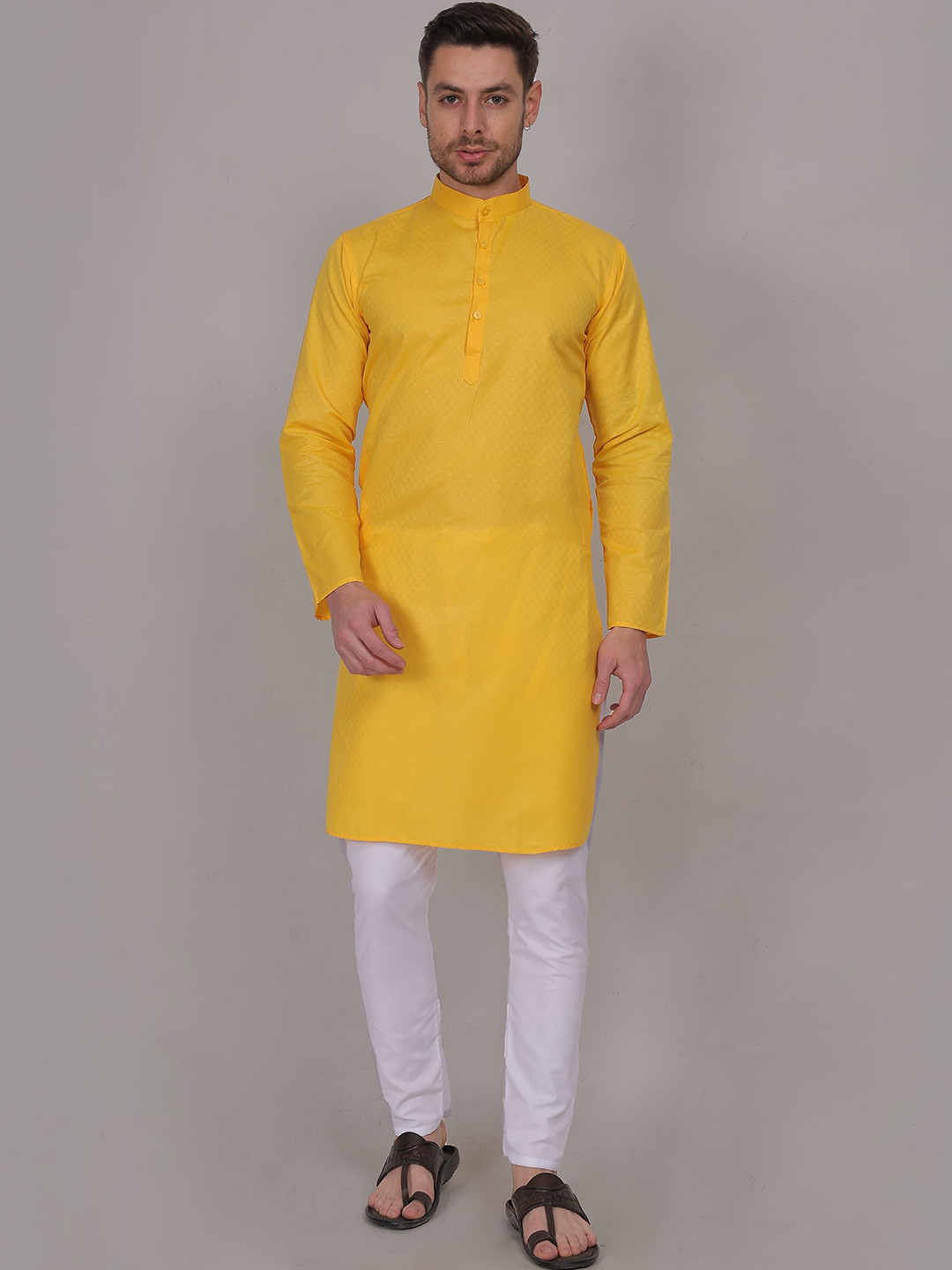 4u Fashion Geometric Woven Design Mandarin Collar Cotton Straight Kurta