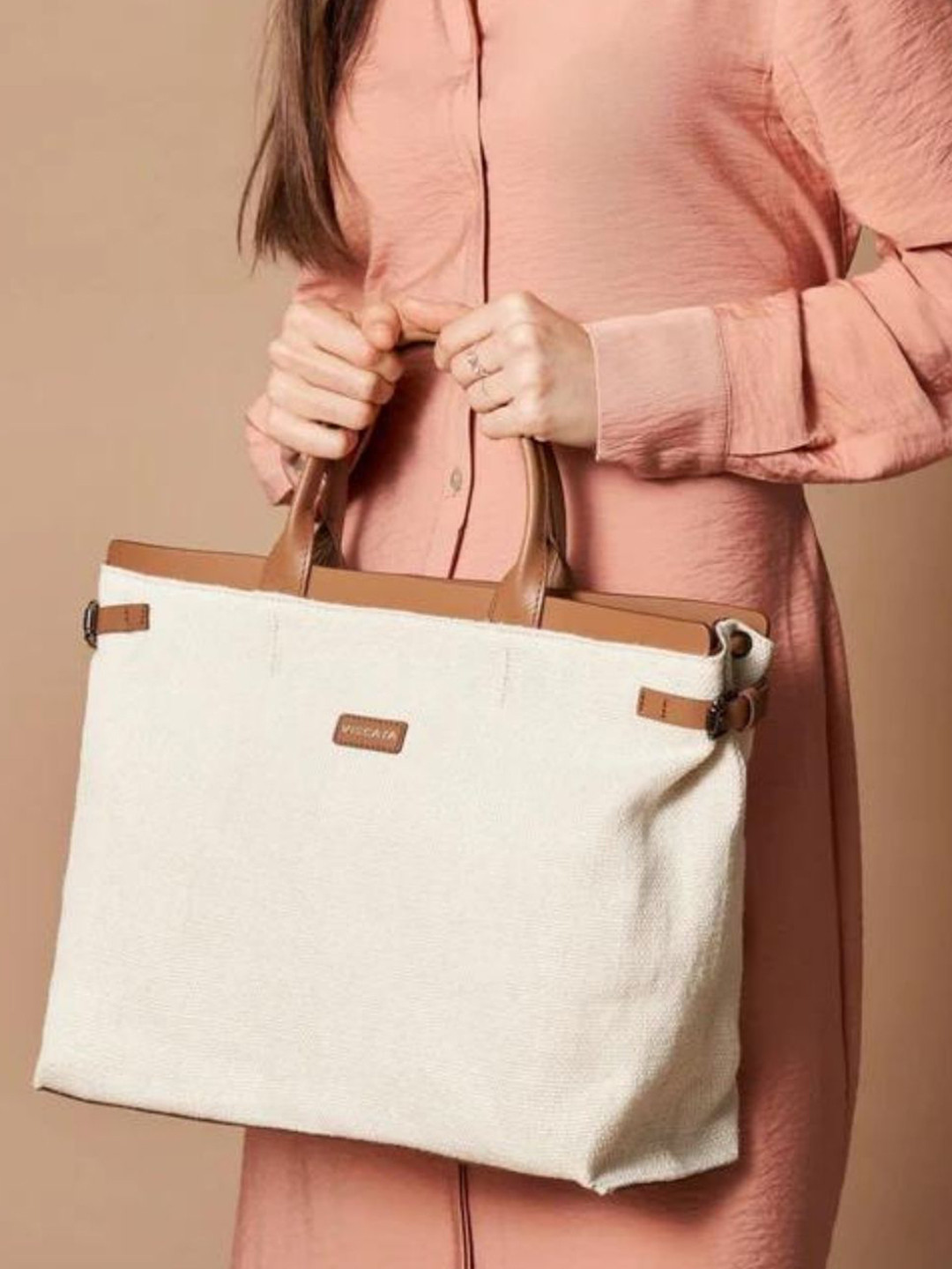 STRUTT Leather Bucket Tote Bag with Applique