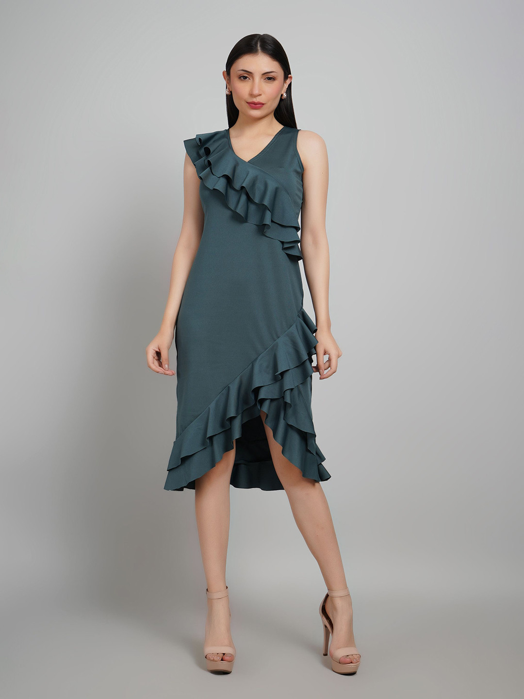 Gora Glama Women Solid Ruffles Sheath Midi Dress