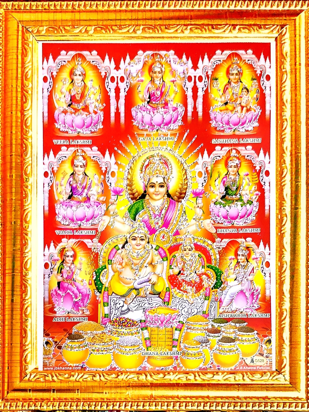 SUNINOW Laxmi Kuber ji Photo Frame Wood Ethnic Motifs Glossy Spiritual Wall Decor-7.9In