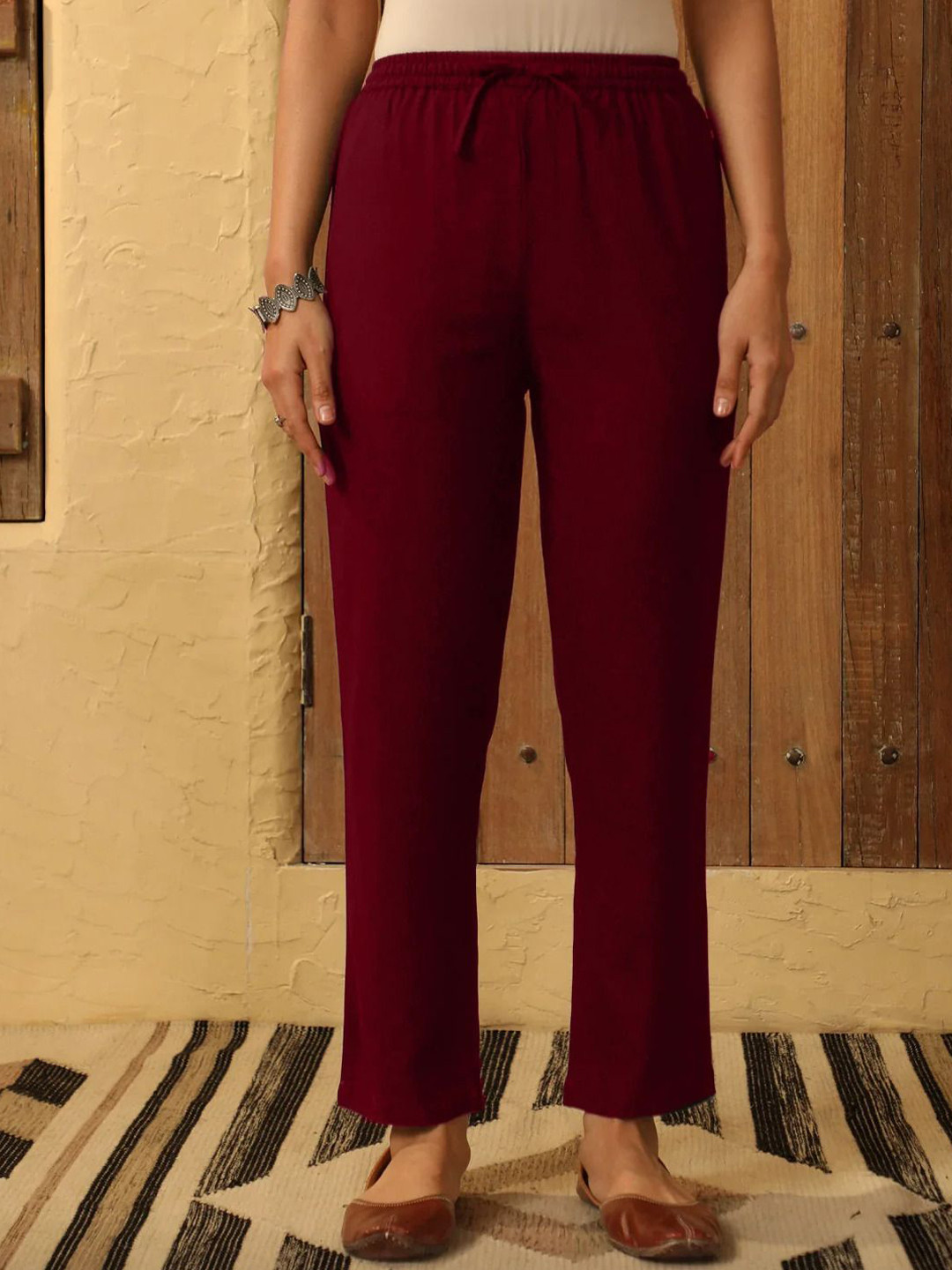 House of Chikankari Rayon Maroon Solid Women's Pants