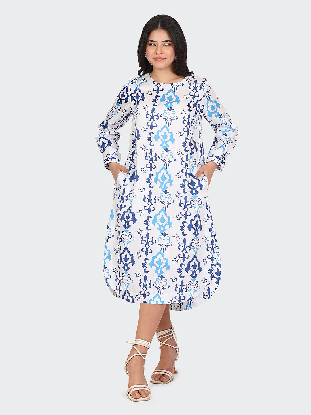 HUE & HIDE Women Ethnic Print V-Neck Long Sleeves A-Line Dress