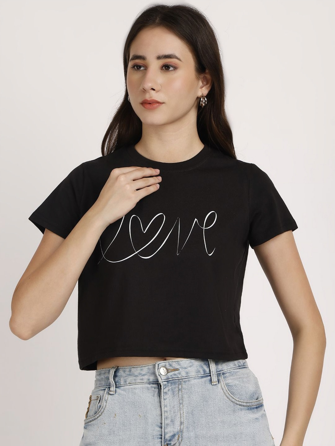 PUELLA Women Typography Printed Round Neck Boxy T-shirt