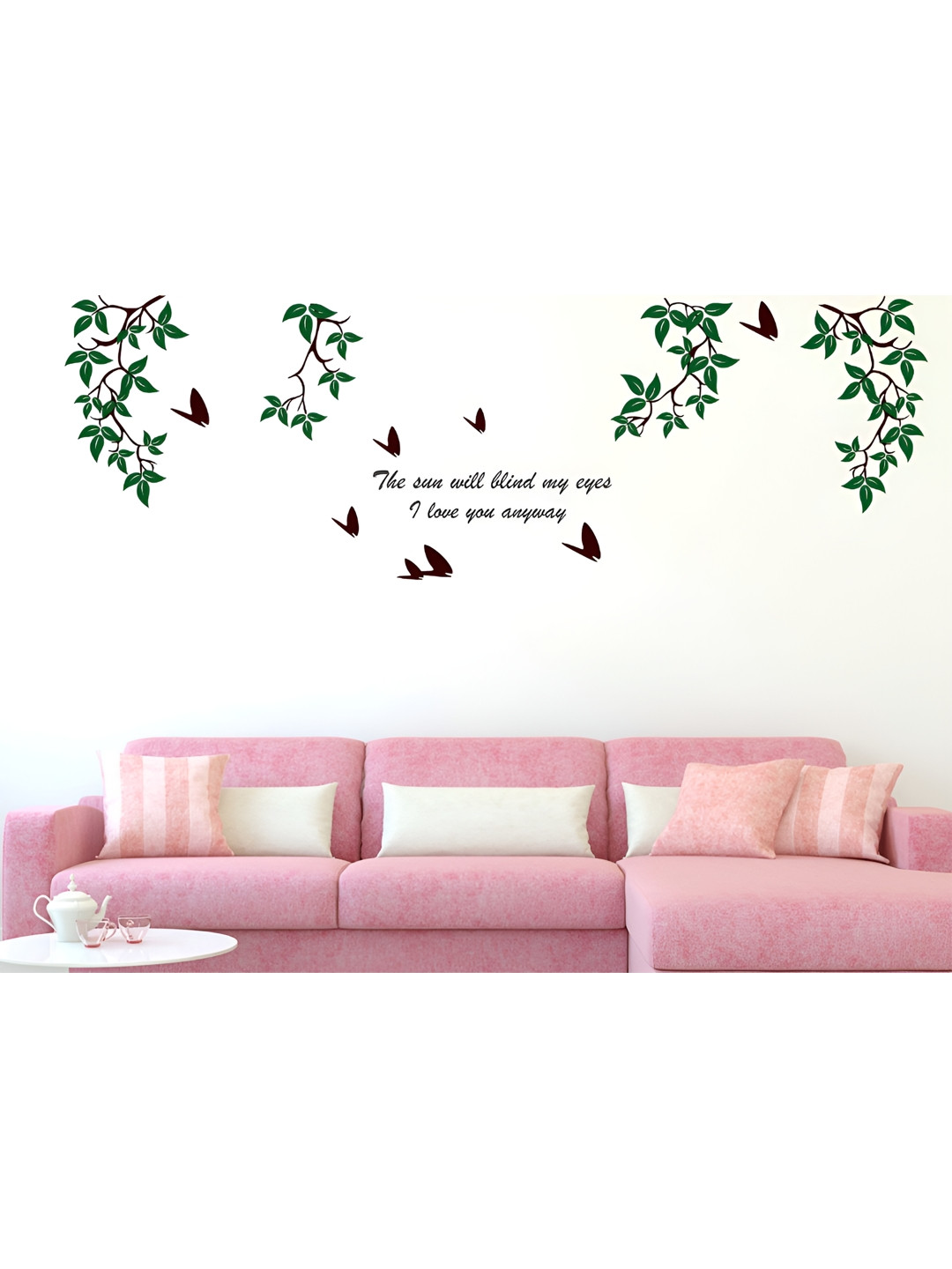 LANSTICK Brown & Green Tree With Birds & Quotes Self Adhesive Wall Sticker