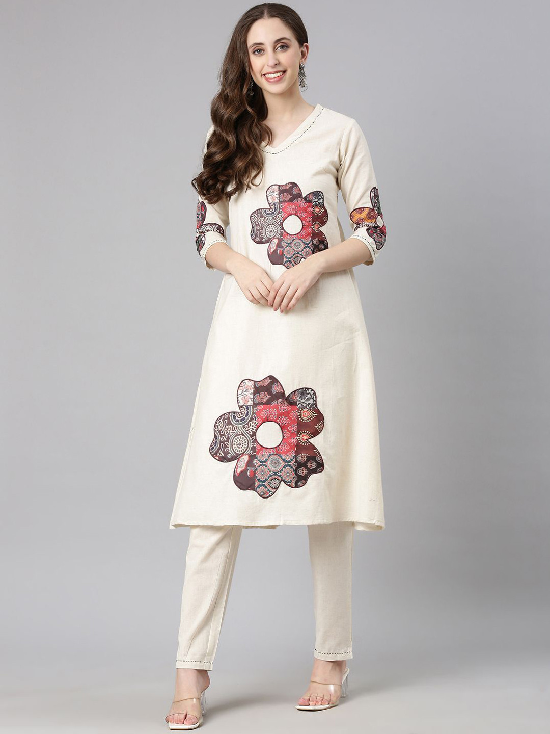 Neerus Women Floral Patchwork Linen Kurta Sets