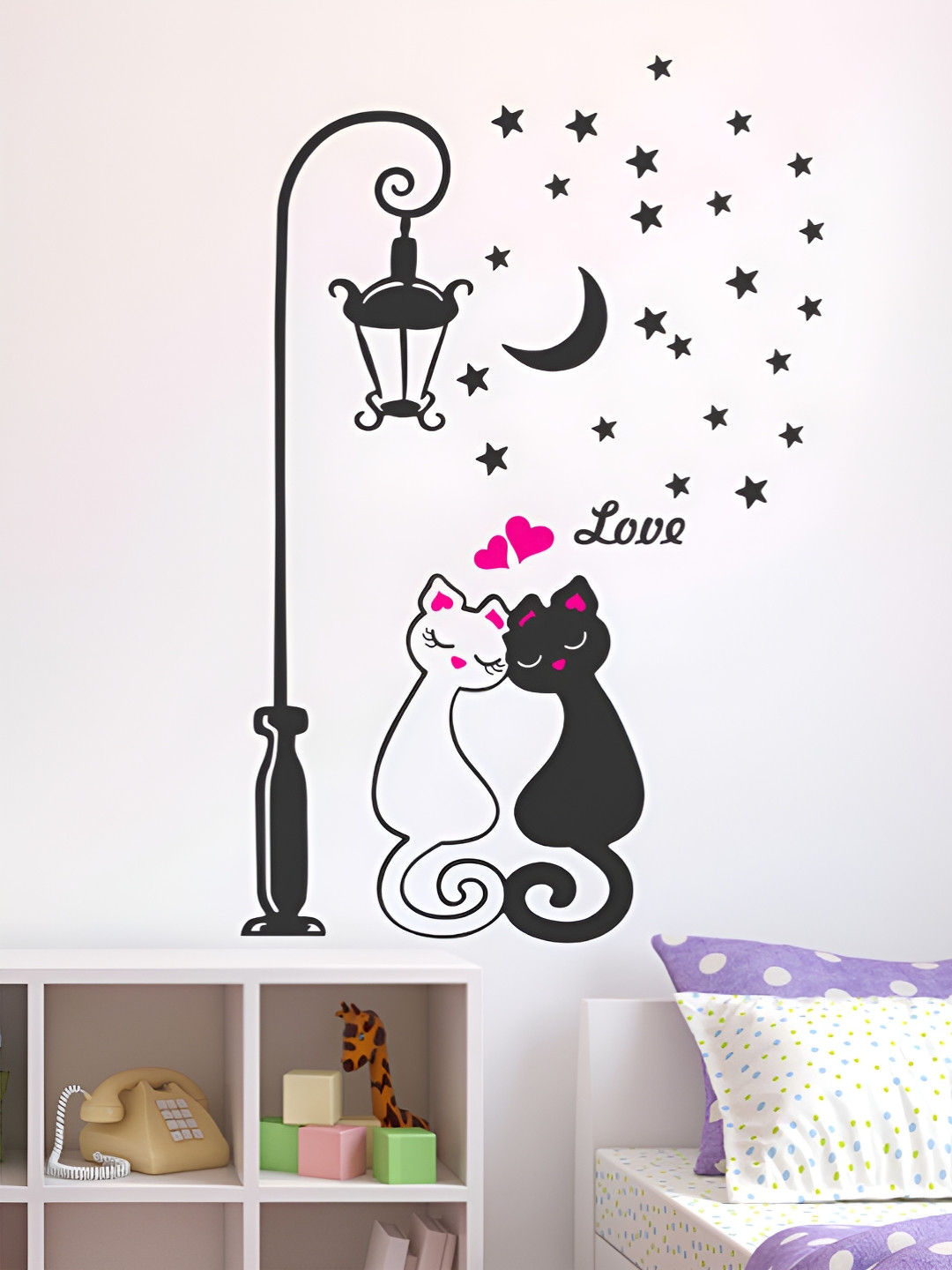 LANSTICK Black & Pink Cute Kitty Love With Love quotes Self Adhesive Wall Sticker