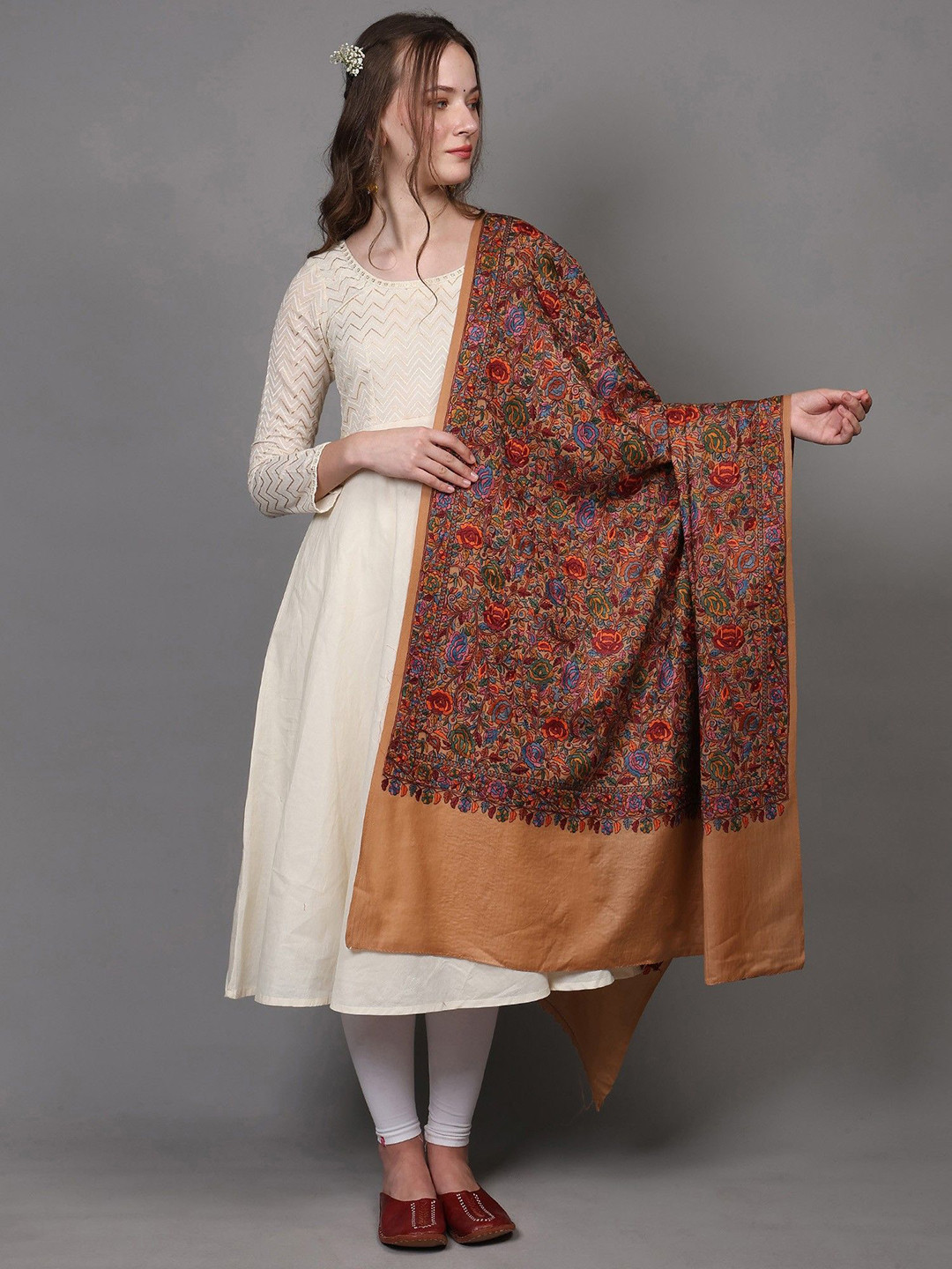 Exotic India Pure Wool Shawl From Punjab With Intricate Embroidered Floral Vines