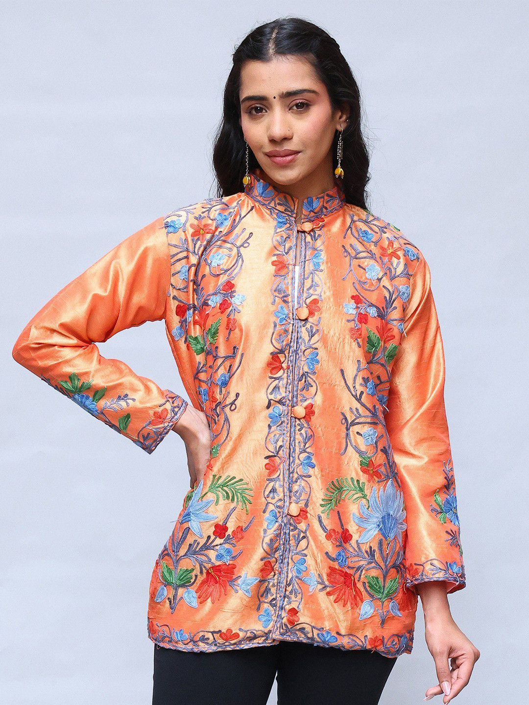 Exotic India Women Floral Longline Tailored Jacket with Embroidered