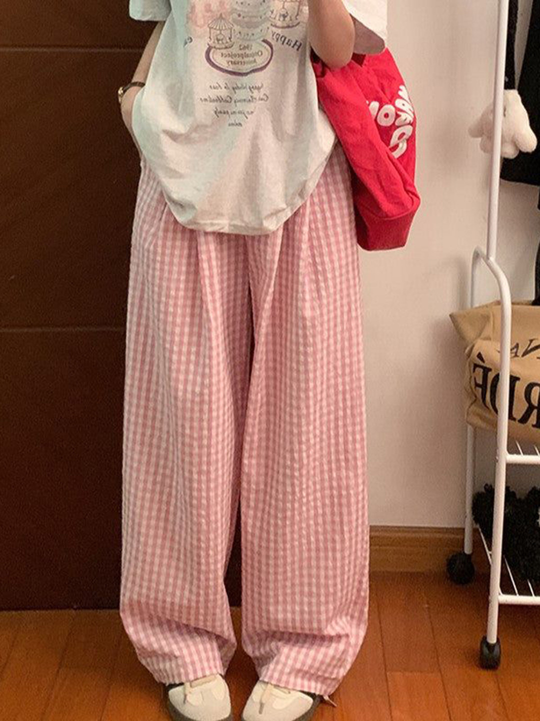 Outzidr Women Checked Wide Leg Trousers