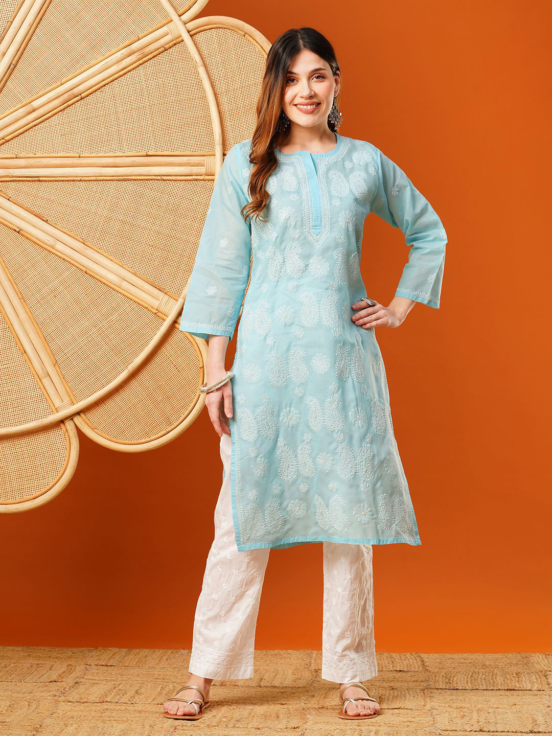 ADA Ethnic Motifs Embroidered Notch Neck Chikankari Cotton Straight Kurta