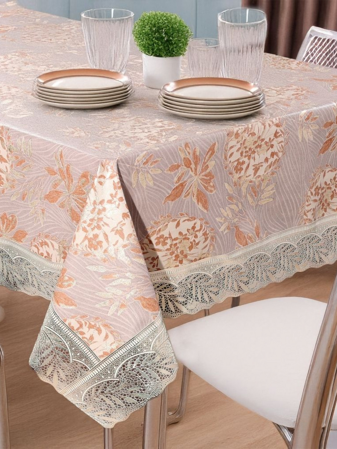 Stylista Gold Toned & Peach Coloured Floral Printed 8-Seater Table Cover