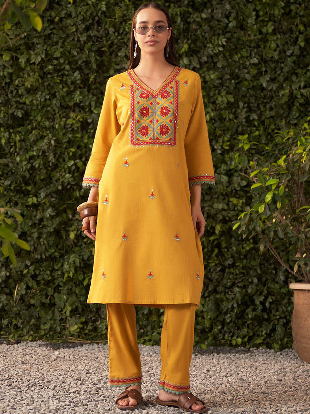 Lakshita Mustard Embroidered Rayon Co-Ord Set For Women