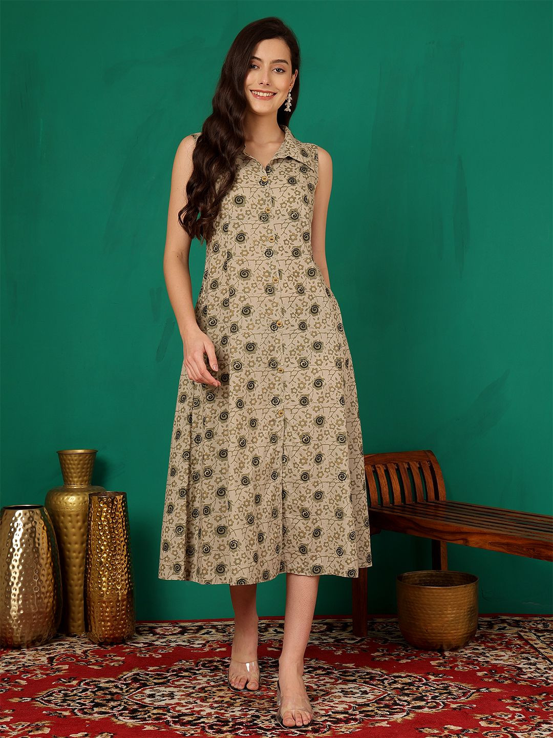 Sangria Women Geometric Printed Cotton Sleeveless A-Line Midi Summer Dress