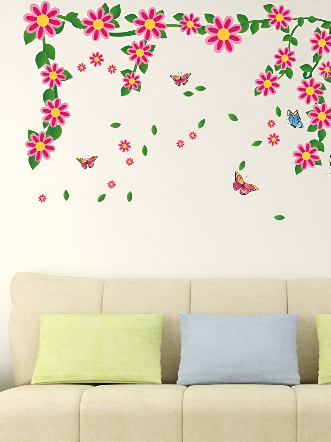 LANSTICK Red & Green Tree With Flower Self Adhesive Wall Sticker