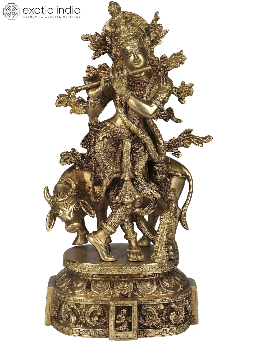 Exotic India Fluting Krishna with Cow Gold Brass Metallic Prayer Room Medium Showpiece - 12.5 Inches