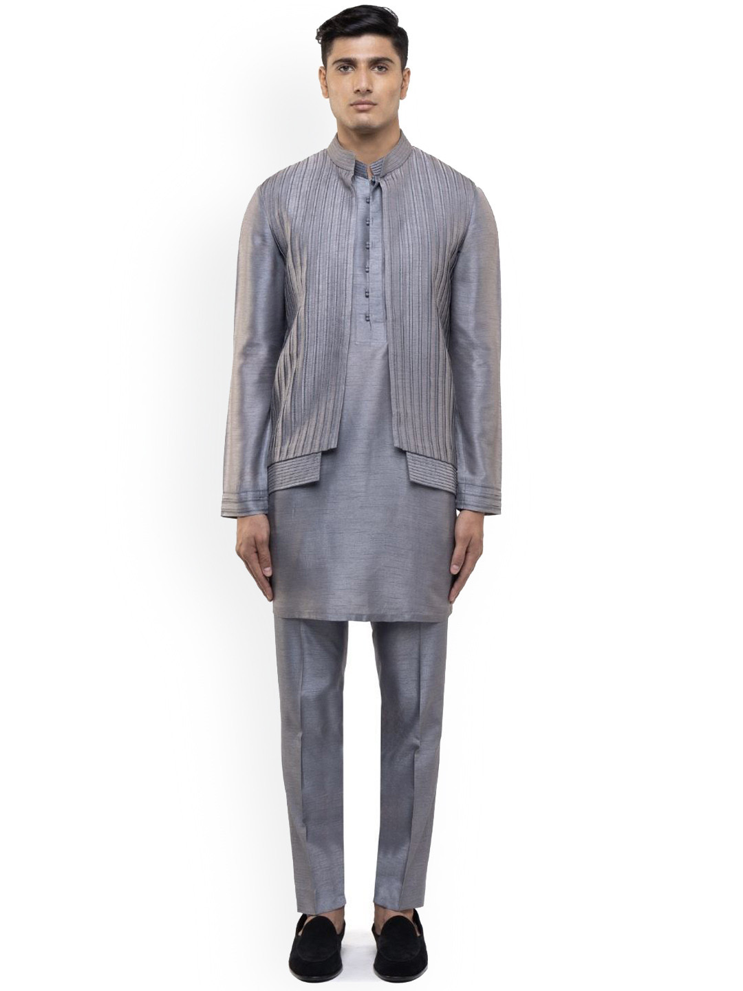 SDS By Kushal Shah Mandarin Collar Silk Straight Kurta With Trousers & Nehru Jacket