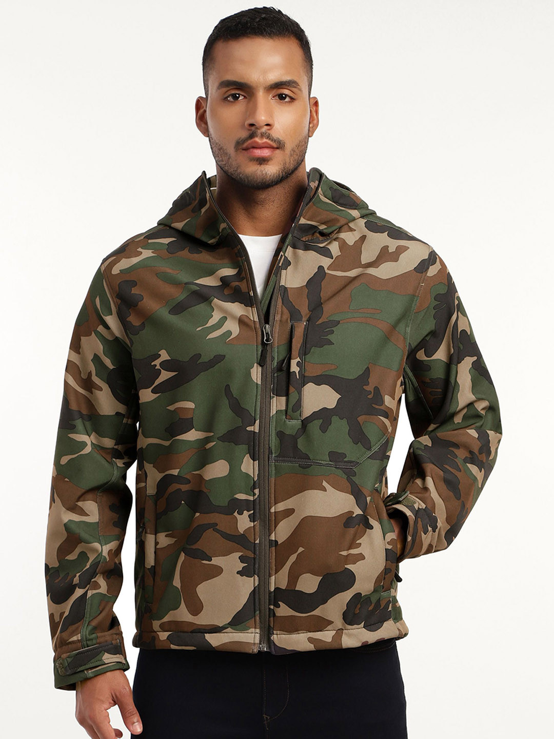 MOUNTMILLER Men's Full Sleeve Hooded Neck Woodland DWR Tactical Soft Shell Jacket