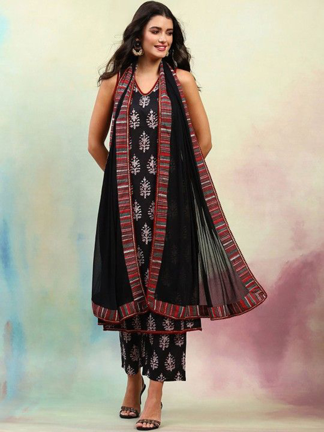 V.S.Creation Printed Pure Cotton Sleeveless V-Neck Straight Kurta With Trousers & Dupatta