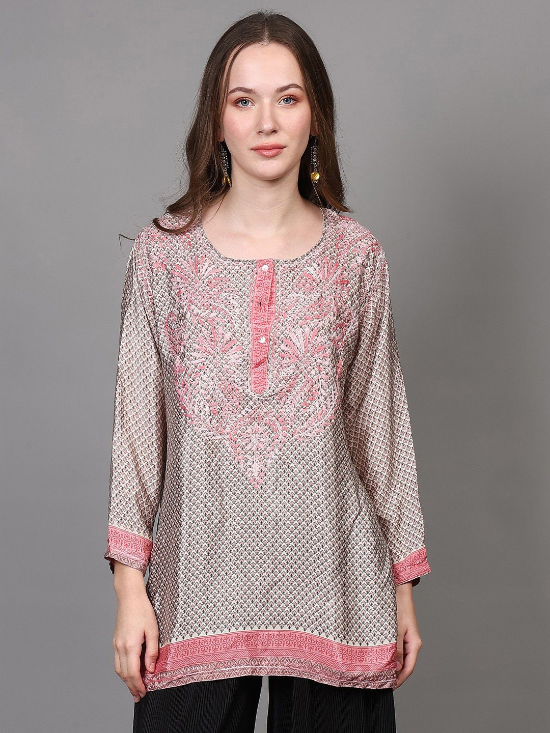 Exotic India Women Embroidered Crepe Short Kurti with Printed Bootis