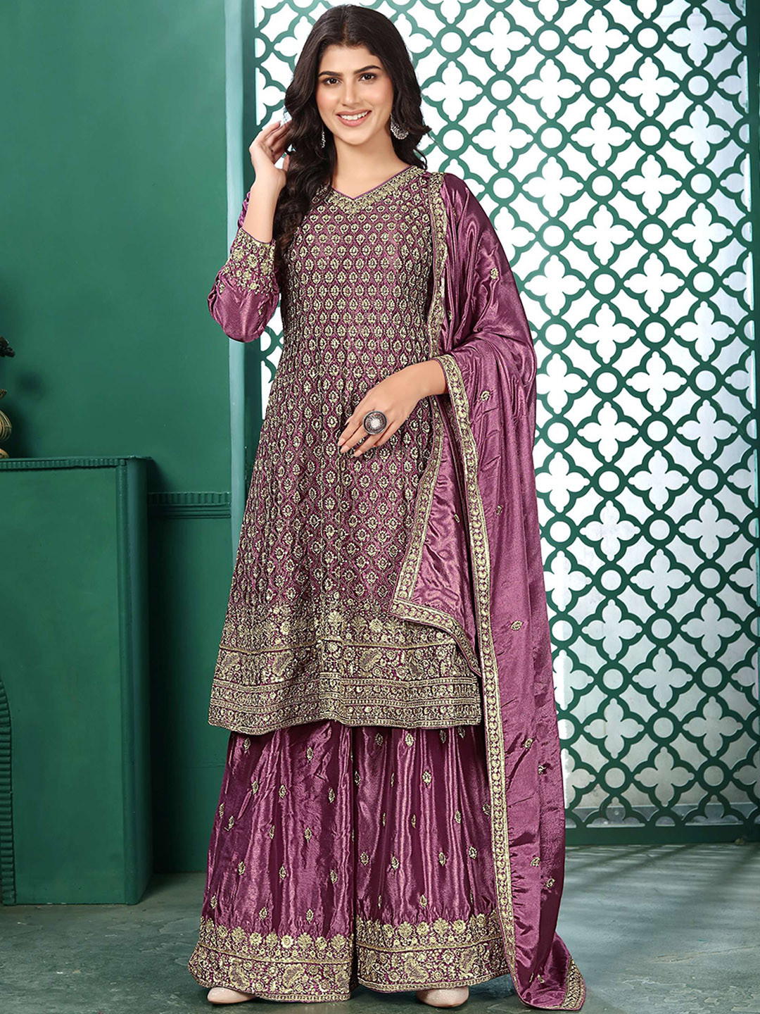 Miss Ethnik Floral Embroidered V-Neck Sequinned Kurta With Palazzos And Dupatta