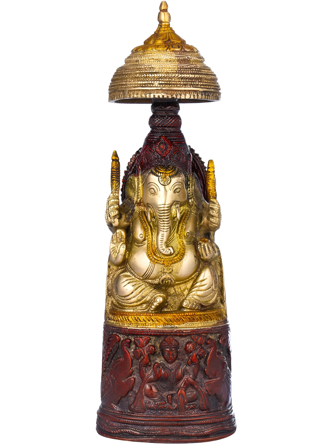 Exotic India The King Ganesha with Lakshmi Ji Gold Brass Metallic Prayer Room Hand Made Medium Showpiece - 10.5 Inches