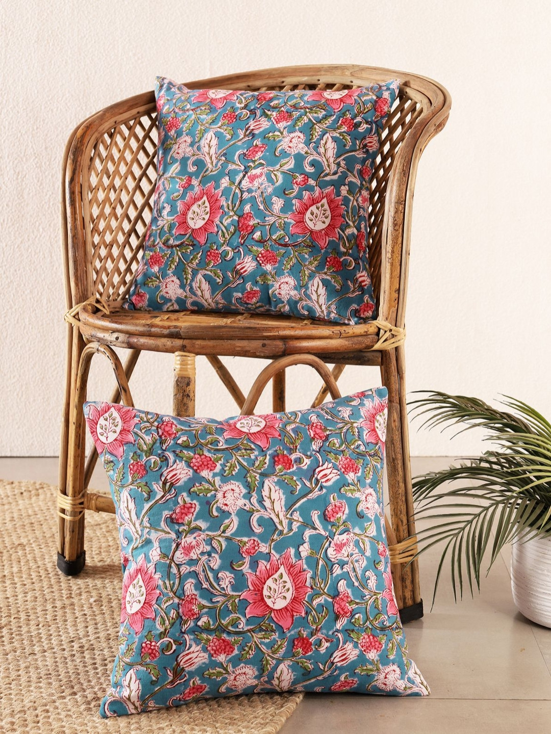 HANDICRAFT PALACE Teal Blue & Red 2 Pieces Floral Printed Square Cushion Covers