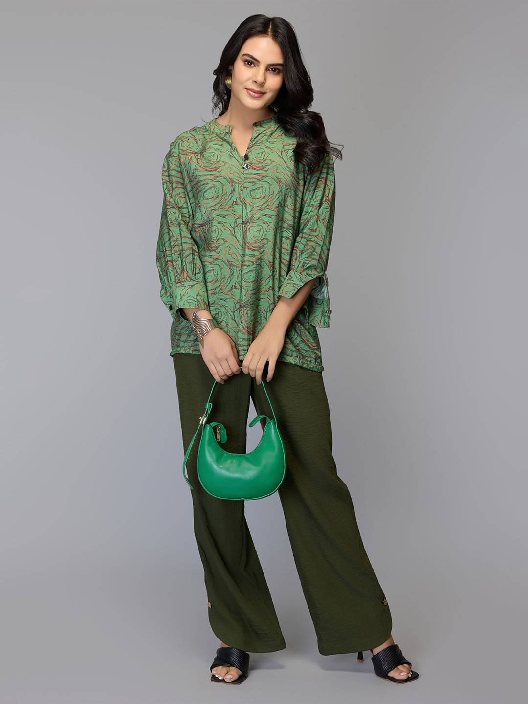 Tamiska By Narendra Kumar Floral Print Mandarin Collar Shirt Style Top