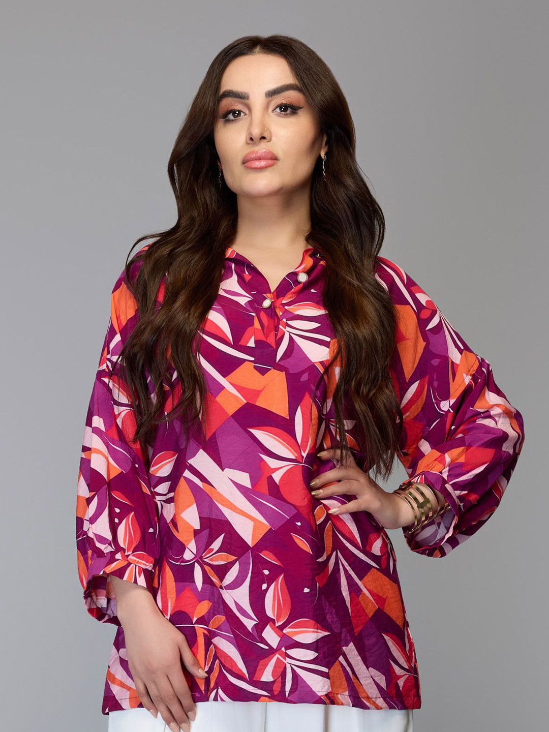 Tamiska By Narendra Kumar Abstract Printed Shirt Collar A-Line Top