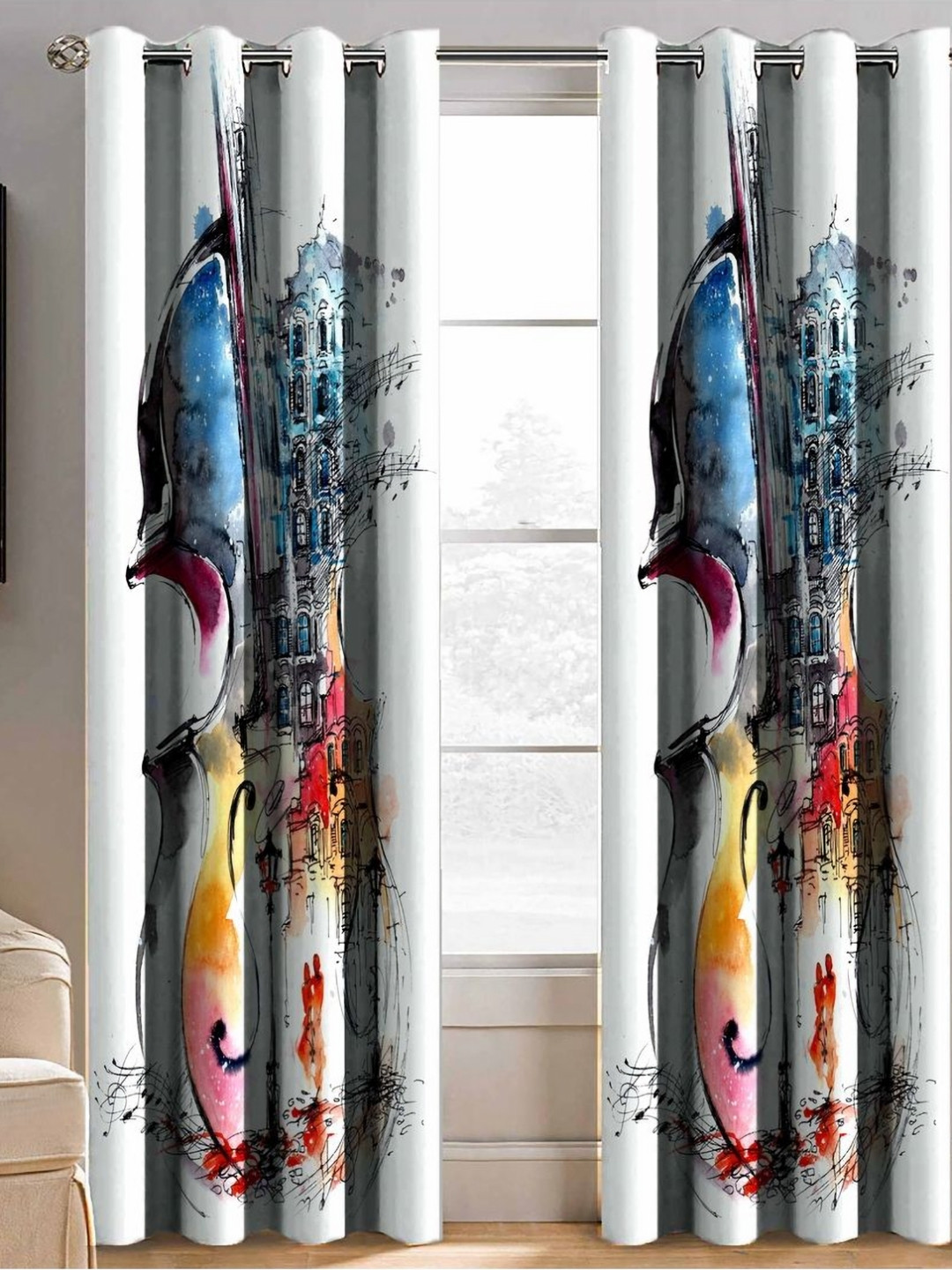 Aura White & Blue 2 Pieces Gitar Printed Light Blocking Window Curtain