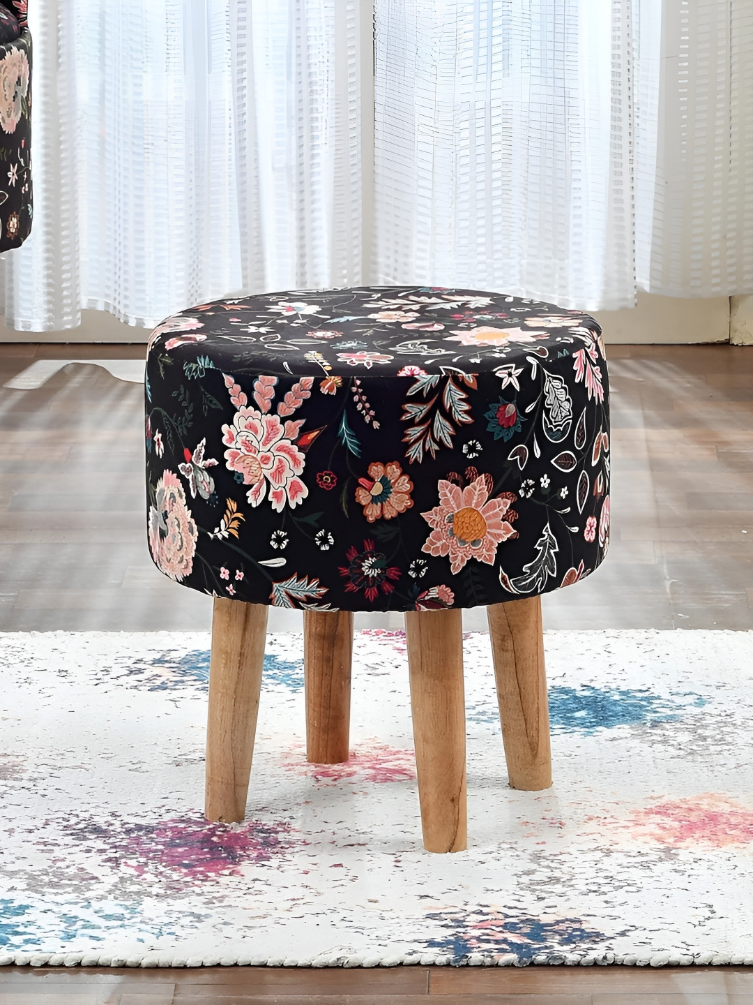 Homeaccex Black & Pink Floral Printed Wooden Round Ottoman