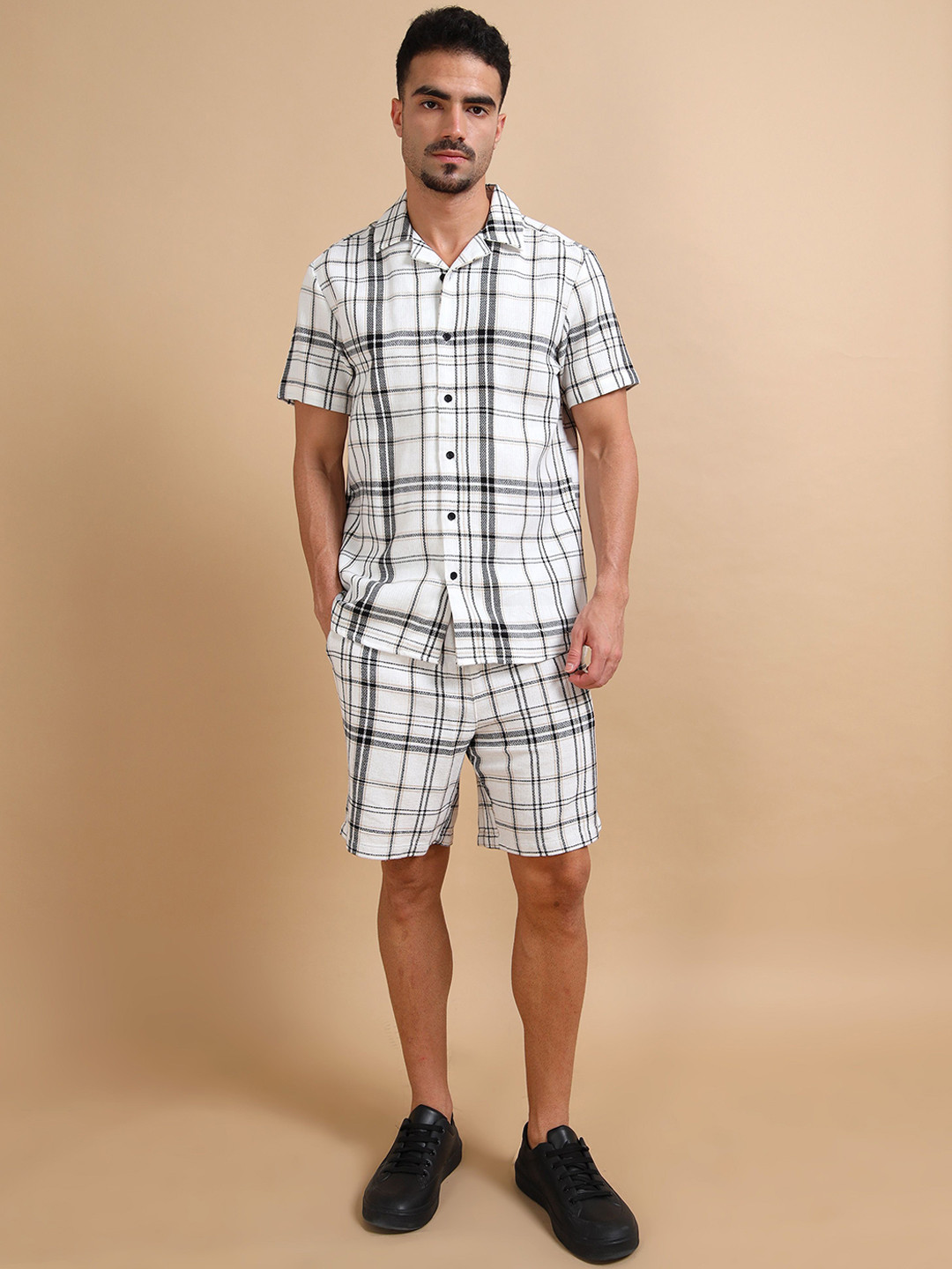 StitchX Men Textured Checkered Shirt & Short Co-Ord Set