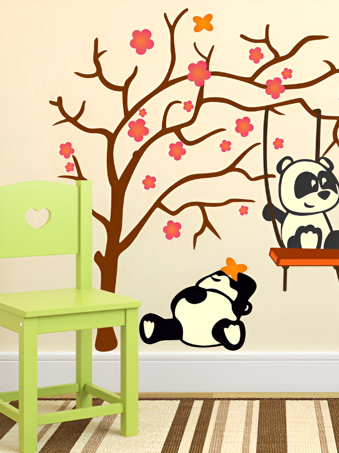 LANSTICK Black & White Cute Panda Swinging Under A Tree Self Adhesive Wall Sticker