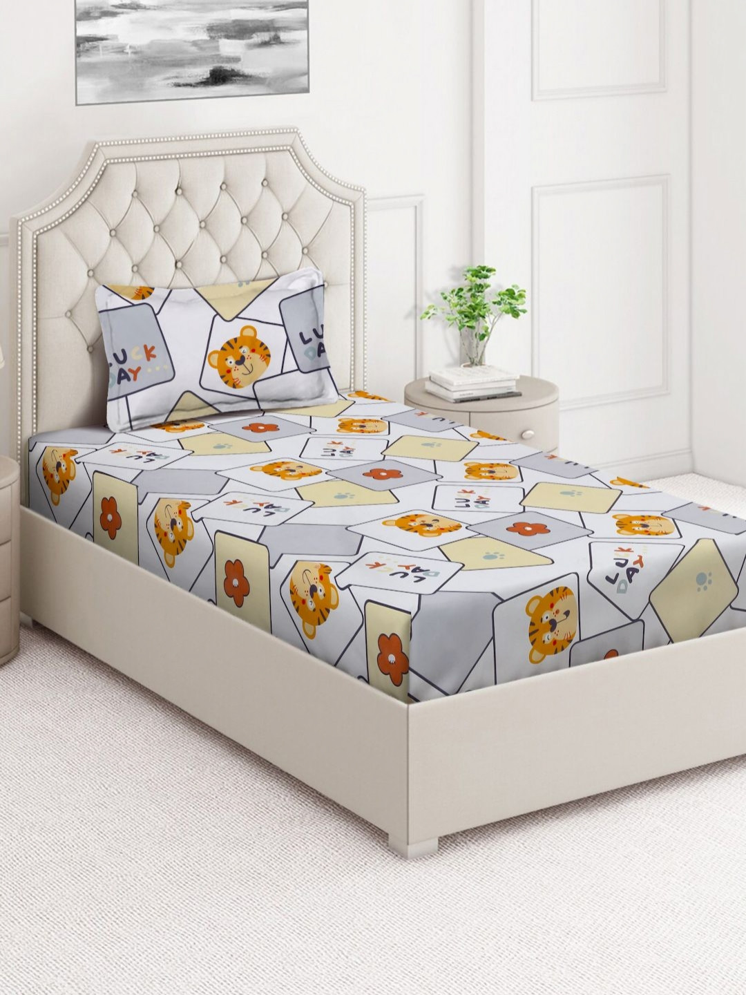 Aura White Cartoon Characters Polycotton Skin-Friendly 350 TC Single Superfine Bedsheet with a Pillow Cover-85 x 59 inches