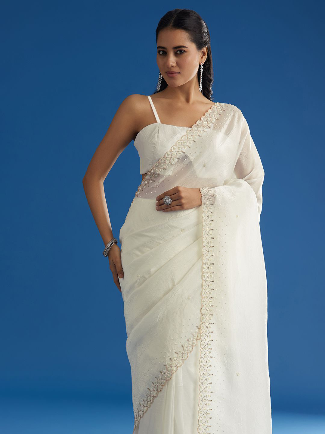 KALKI Fashion Floral Embroidered Poly Crepe Saree