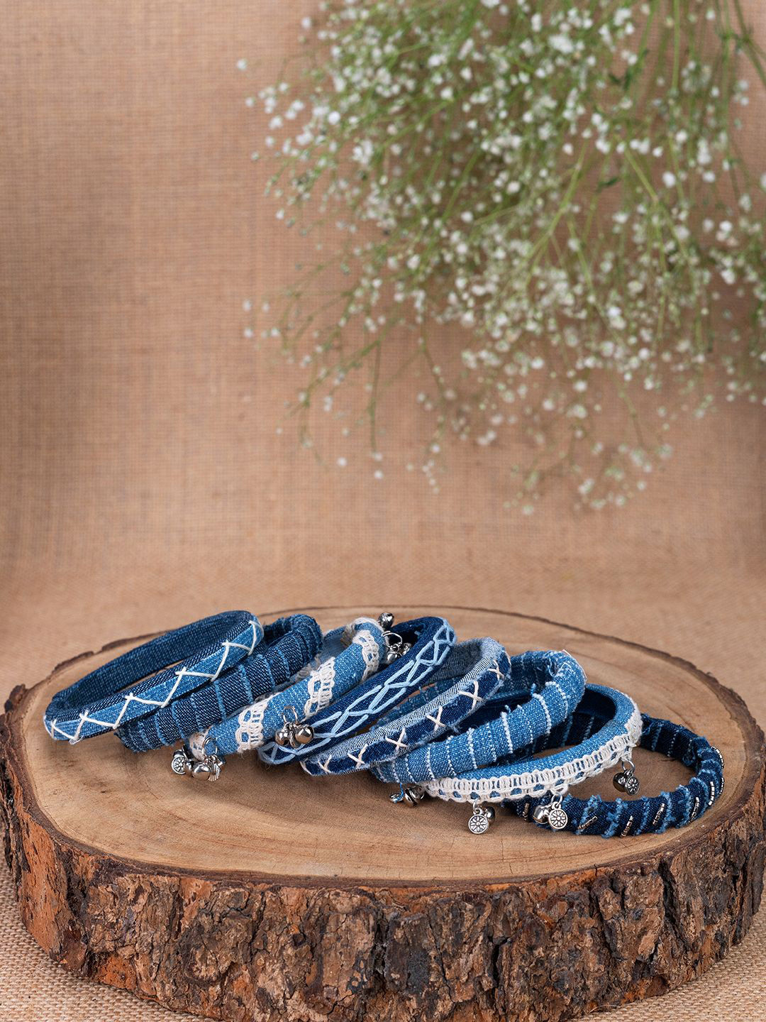 Taasha Craft Harmony Set Of 8 Ghungroo Studded & Beaded Denim Bangles