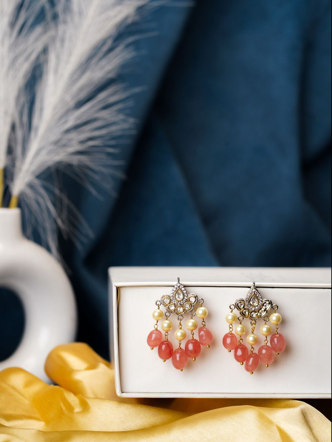 AARSEE OFFICIAL 22KT Gold-Plated Quartz Studded Teardrop Shaped Drop Earrings