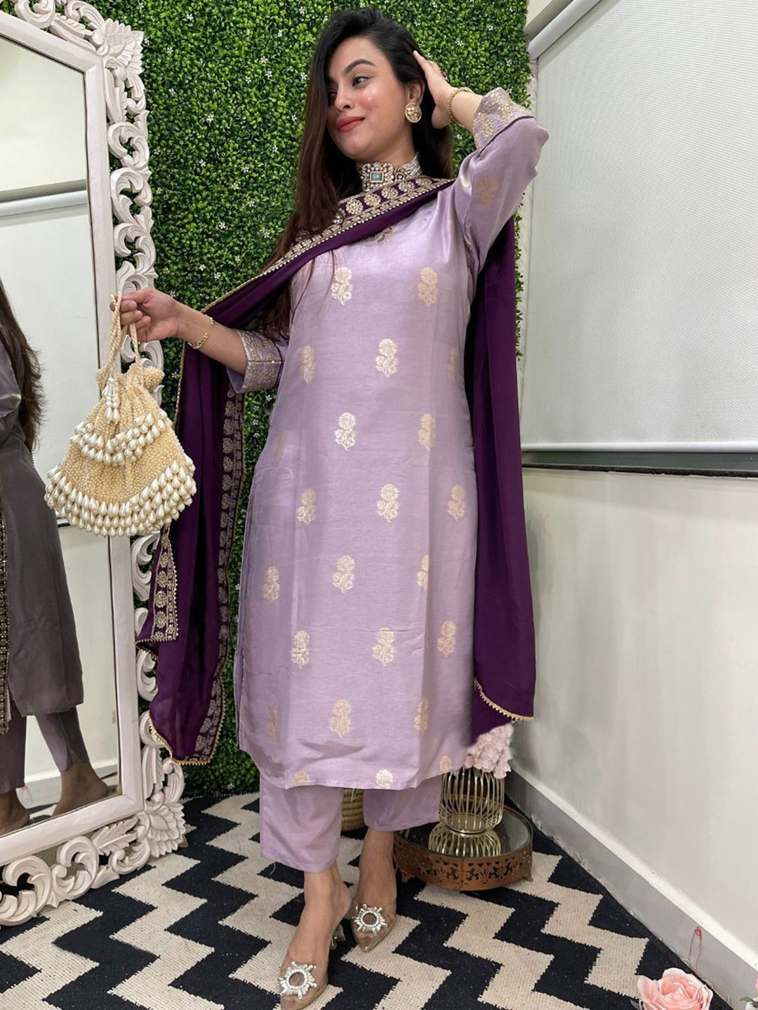 Anni Designer Floral Woven Design V-Neck Kurta With Trousers & Dupatta