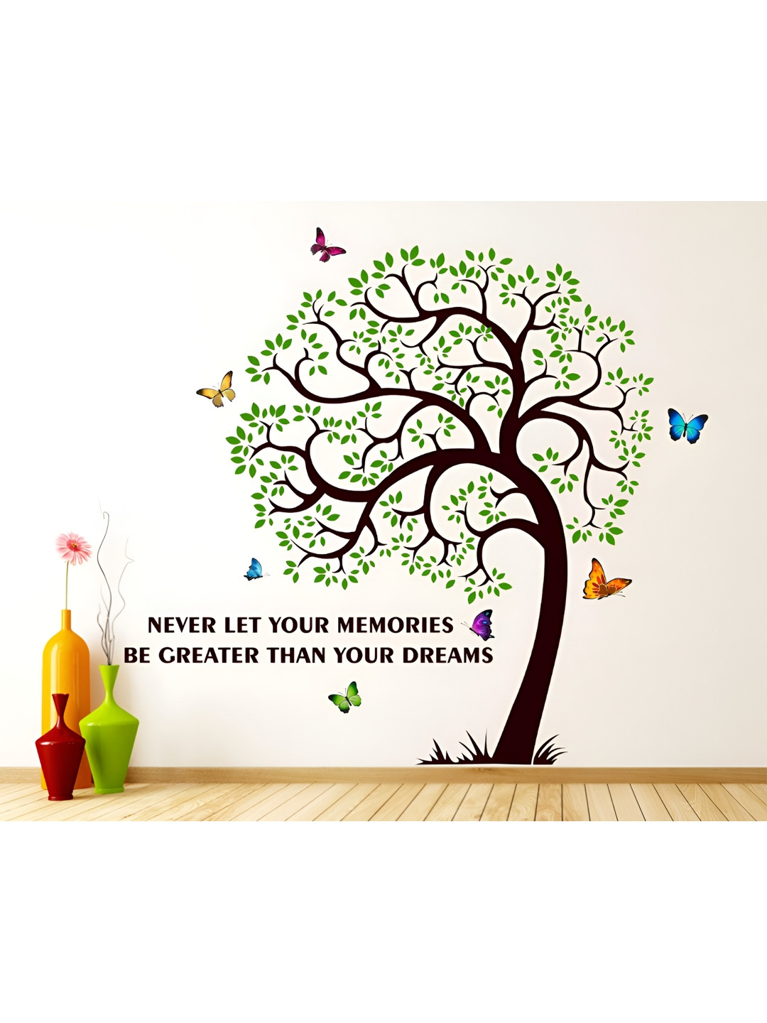 LANSTICK Green & Black Tree With Butterflies Self Adhesive Wall Sticker