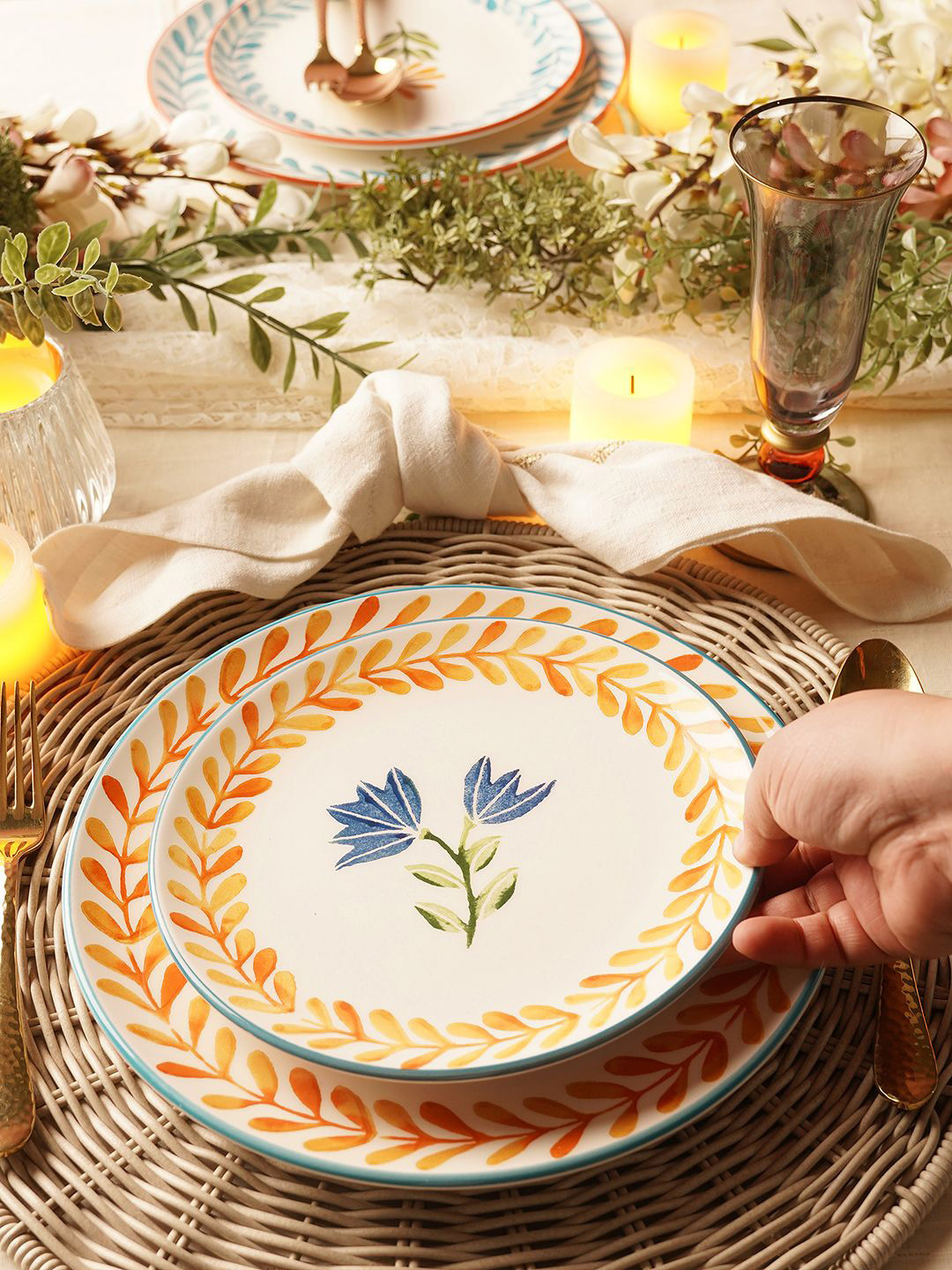 Pure Home and Living Orange Colored & White Printed Ceramic Food Platter