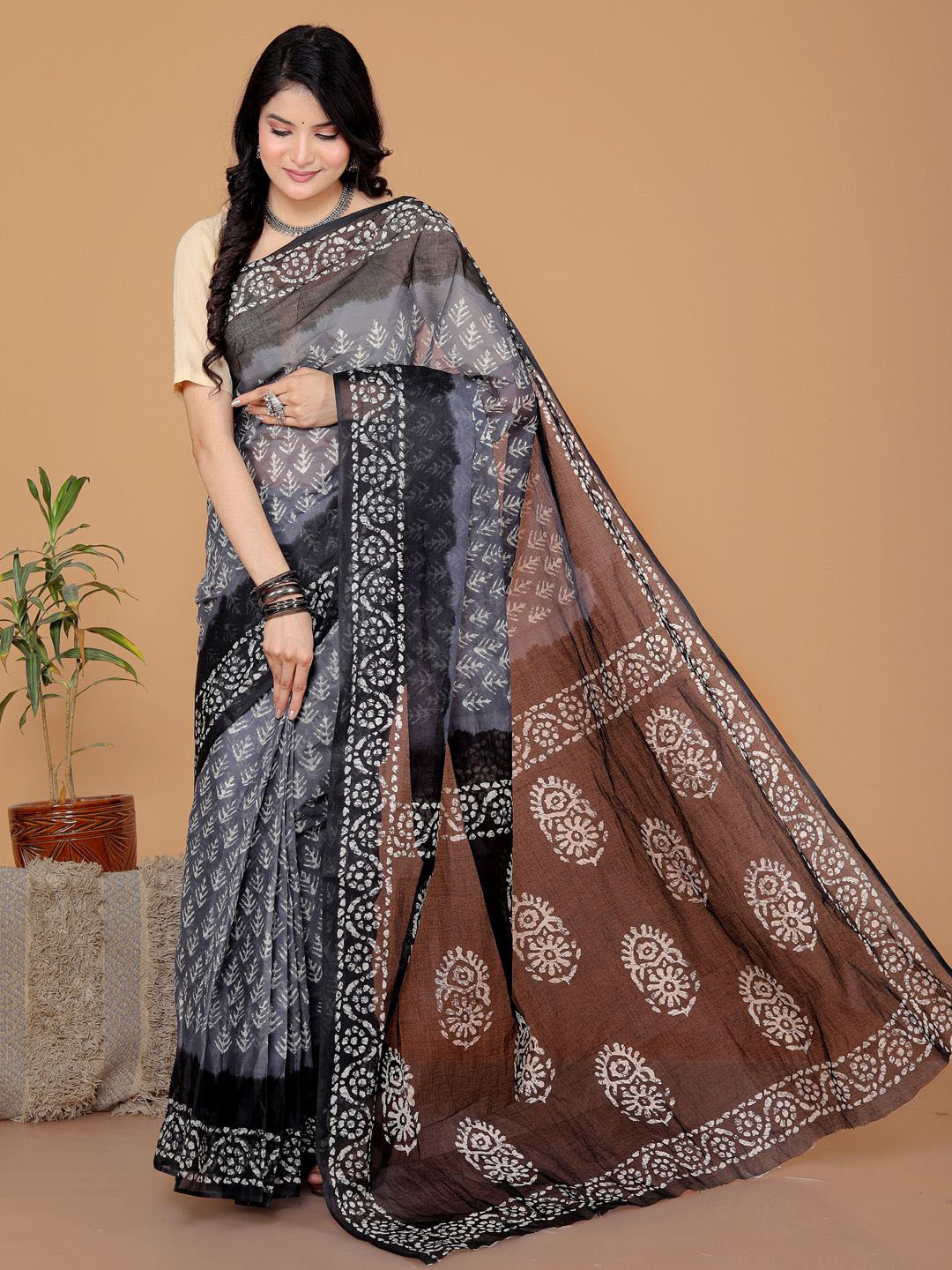 Jevi Prints Batik Pure Cotton Block Print Saree