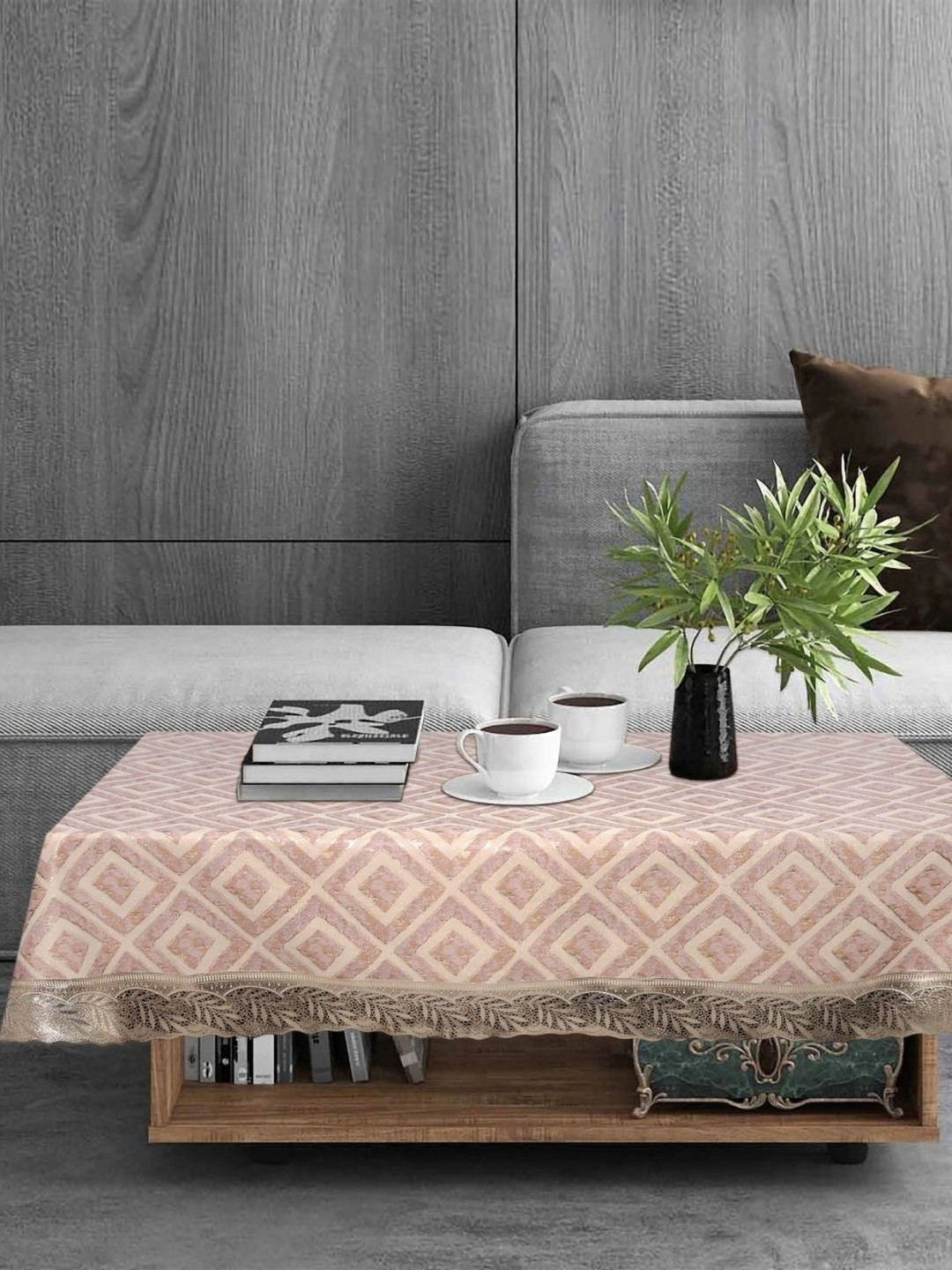 Stylista Off White & Beige Geometric Printed 2-Seater Table Cover With Stylish Lace Border